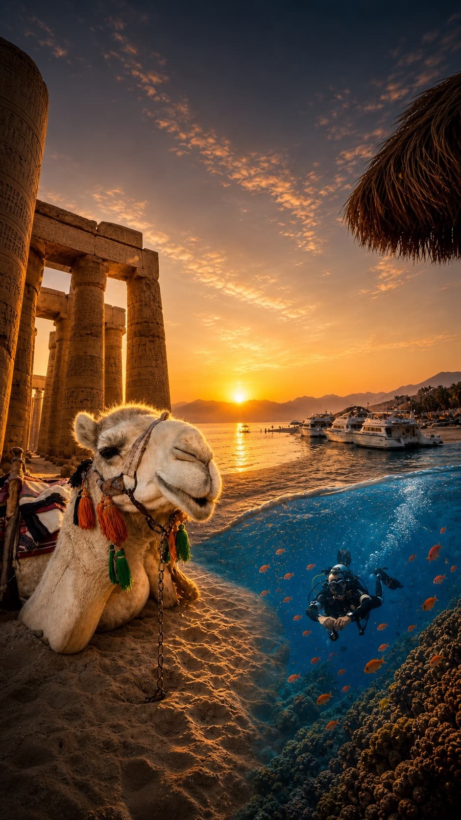 Hurghada experiences including desert, ancient Egyptian temples, Red Sea boat trips, and scuba diving